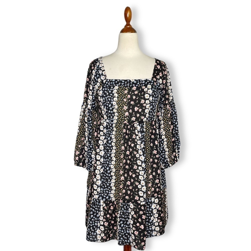 NWT Evolutionary Black Floral Tie Back Peasant Mini Dress 3/4 Sleeves Size S